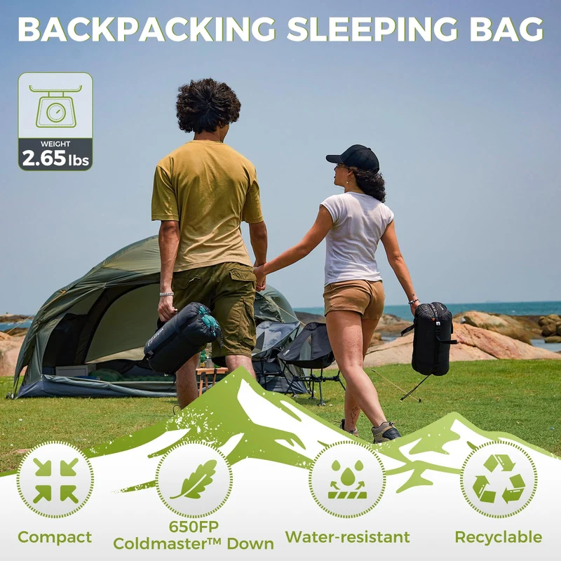 ATEPA COCOON HUG E2 400 Ultralight Coldmaster™ Down Sleeping Bag, 35°F 3-Season Backpacking Bag with Detachable Hood