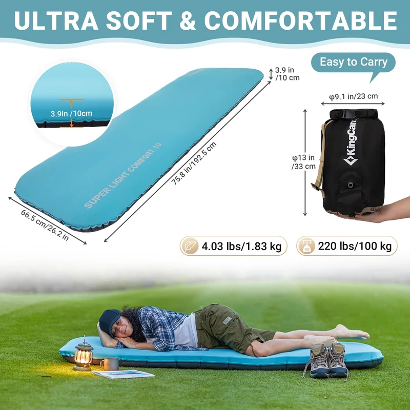KingCamp Memory Foam Hybrid Sleeping Mat | R-Value 4.9, 4-Season Insulated Camping Pad with 50D 4-Way Stretch Fabric & Pump Sack