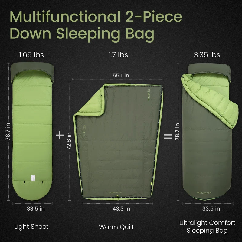 ATEPA 3-in-1 Backpacking Sleeping Bag Down Sleeping Bag 42.8°F to 6.8°F