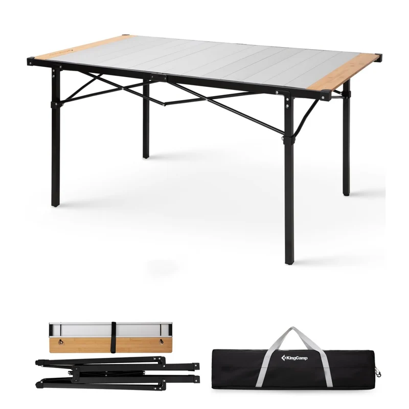 KingCamp Hybrid Aluminum Roll-Top Table with Bamboo Extensions | 6-8 Person XL Camping Table, Seamless Zero-Gap Surface with Natural Bamboo Ends