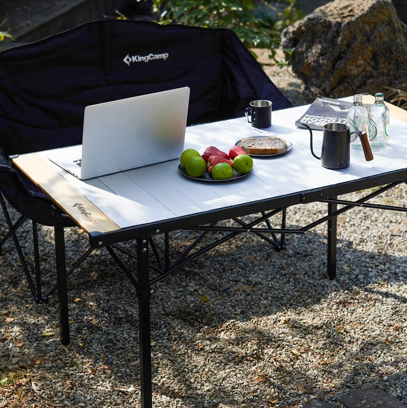 KingCamp Hybrid Aluminum Roll-Top Table with Bamboo Extensions | 6-8 Person XL Camping Table, Seamless Zero-Gap Surface with Natural Bamboo Ends