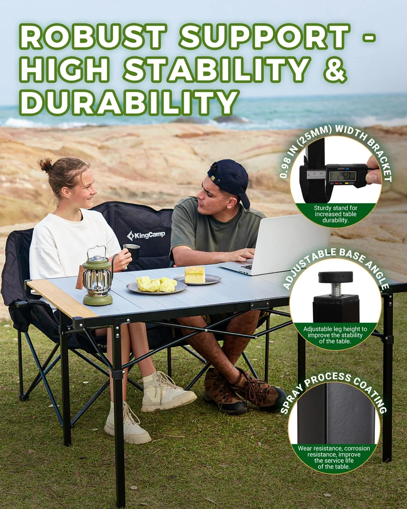KingCamp Hybrid Aluminum Roll-Top Table with Bamboo Extensions | 6-8 Person XL Camping Table, Seamless Zero-Gap Surface with Natural Bamboo Ends
