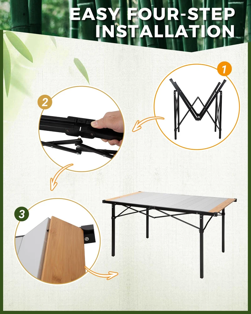 KingCamp Hybrid Aluminum Roll-Top Table with Bamboo Extensions | 6-8 Person XL Camping Table, Seamless Zero-Gap Surface with Natural Bamboo Ends