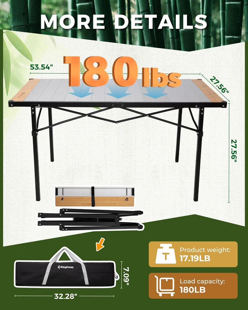 KingCamp Hybrid Aluminum Roll-Top Table with Bamboo Extensions | 6-8 Person XL Camping Table, Seamless Zero-Gap Surface with Natural Bamboo Ends