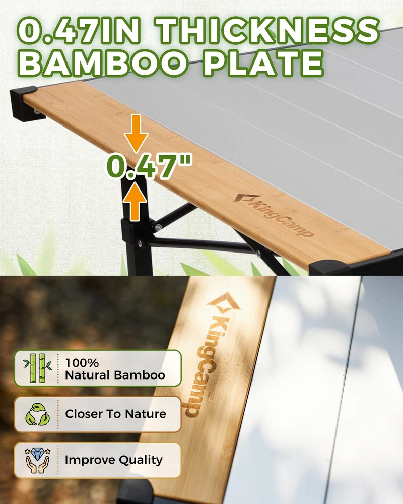 KingCamp Hybrid Aluminum Roll-Top Table with Bamboo Extensions | 6-8 Person XL Camping Table, Seamless Zero-Gap Surface with Natural Bamboo Ends