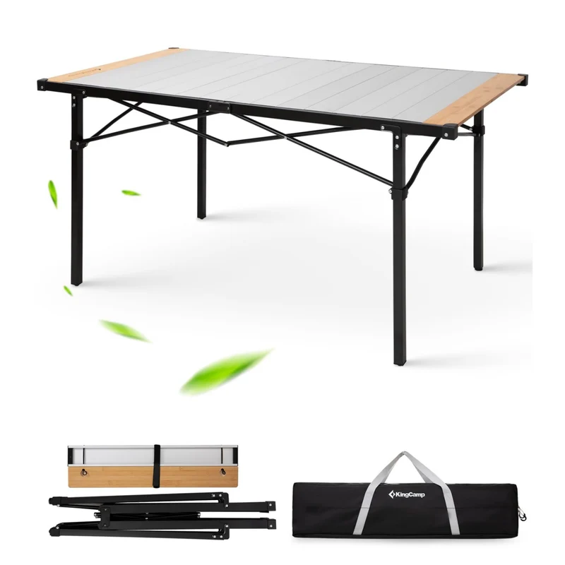 KingCamp Hybrid Aluminum Roll-Top Table with Bamboo Extensions | 6-8 Person XL Camping Table, Seamless Zero-Gap Surface with Natural Bamboo Ends