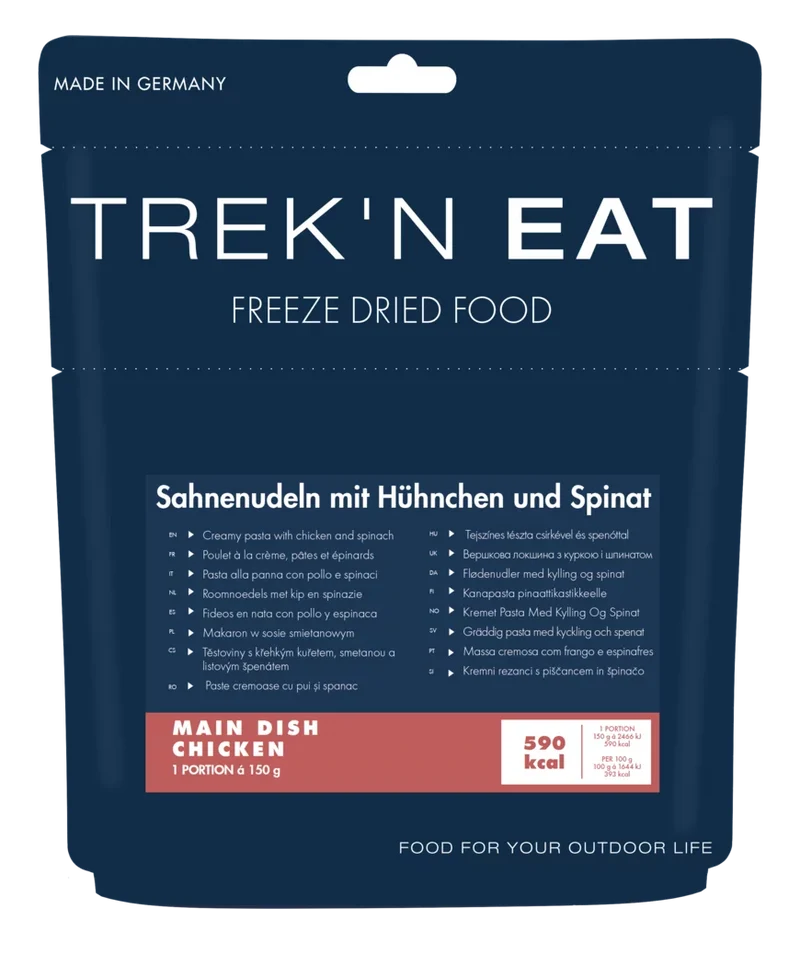Sahnenudeln mit Hühnchen und Spinat - Outdoor Essen