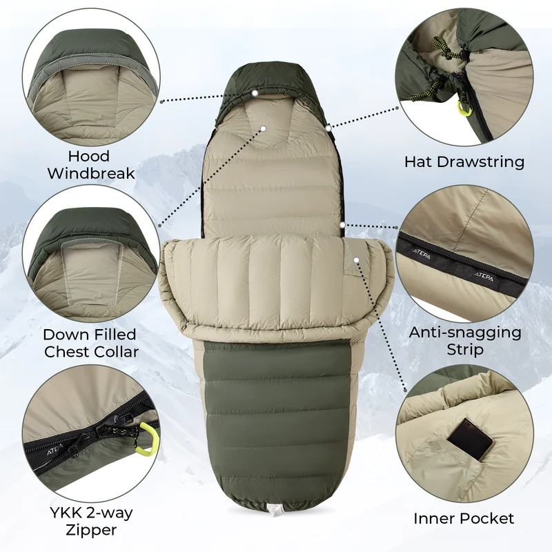 ATEPA PROMOTER 850 Ultralight Down Mummy Sleeping Bag | 850g 650FP Coldmaster™ Down, 17.6°F Limit Rating, 20D Nylon Shell