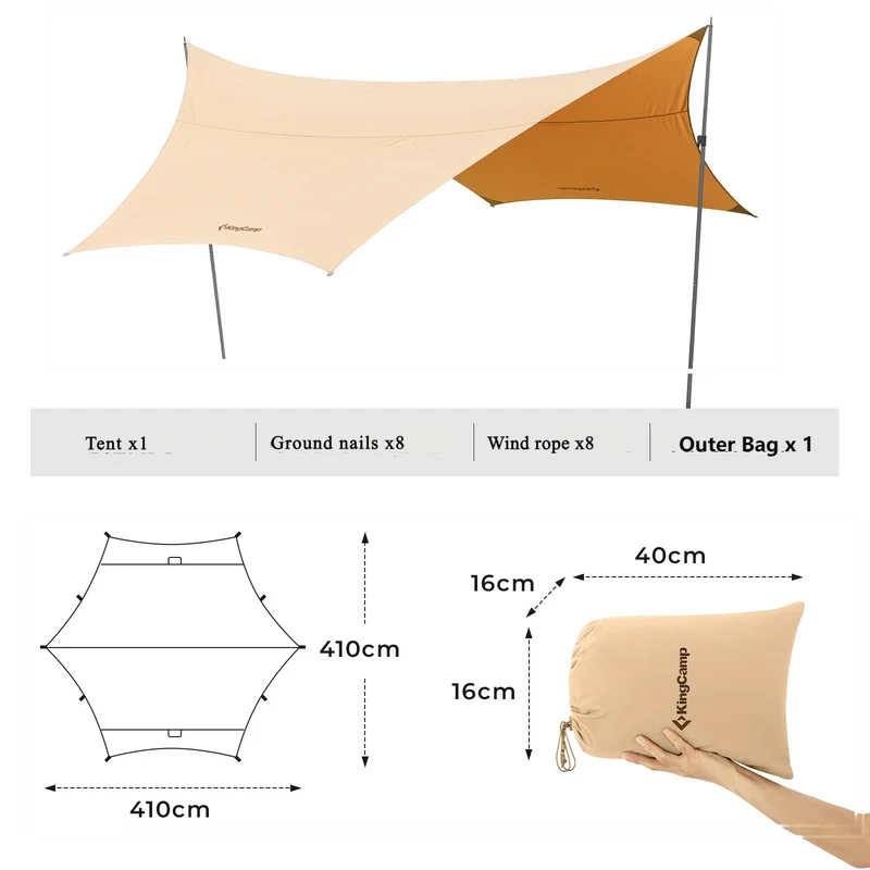 KingCamp Hexagon Camping Tarp | 14ft x 13.5ft TC Canvas Sun Shelter with 6 Guy Points, Water-Resistant for Camping, Beach, Picnic & Overlanding
