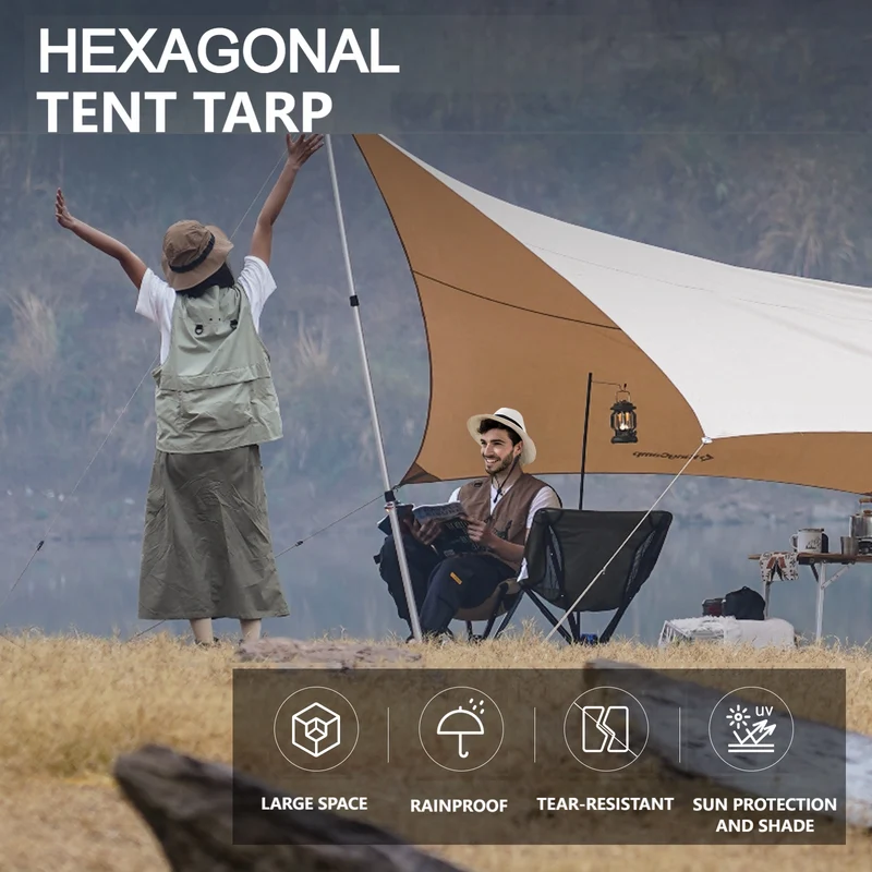 KingCamp Hexagon Camping Tarp | 14ft x 13.5ft TC Canvas Sun Shelter with 6 Guy Points, Water-Resistant for Camping, Beach, Picnic & Overlanding