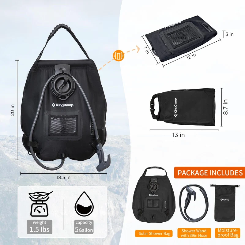 KingCamp 20L Solar Shower Bag for Camping | Portable Outdoor Shower with Temperature Display, Upgraded Leak-Proof Hose & Adjustable Spray Nozzle