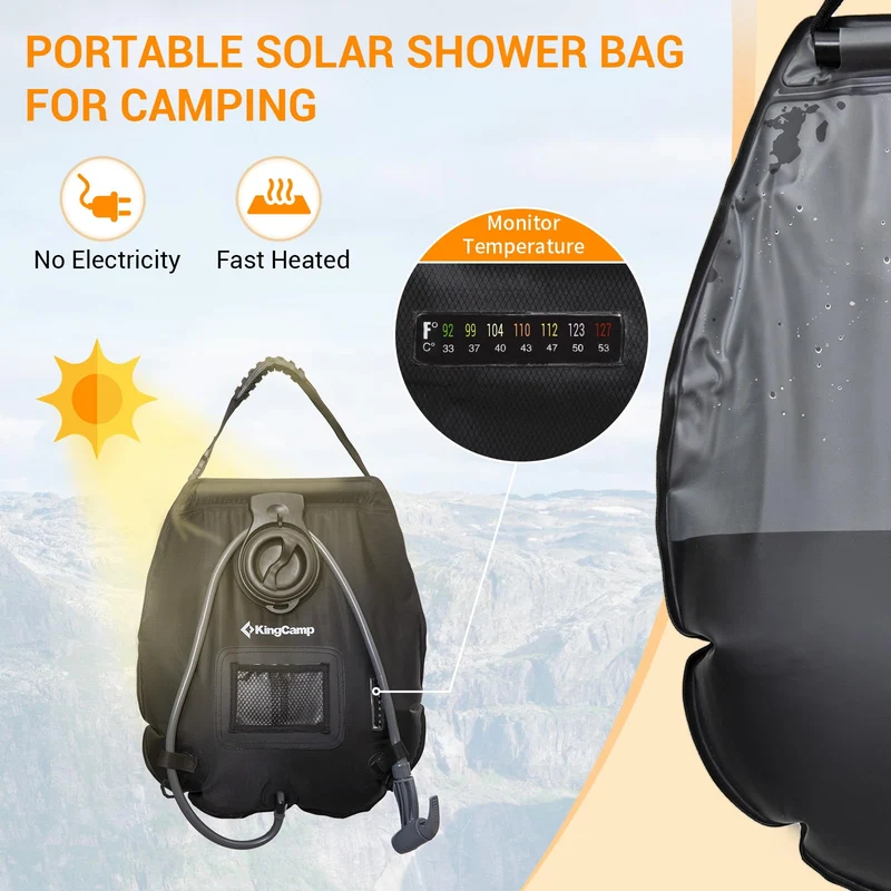 KingCamp 20L Solar Shower Bag for Camping | Portable Outdoor Shower with Temperature Display, Upgraded Leak-Proof Hose & Adjustable Spray Nozzle