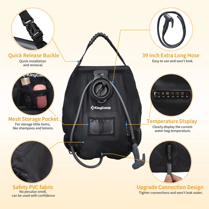 KingCamp 20L Solar Shower Bag for Camping | Portable Outdoor Shower with Temperature Display, Upgraded Leak-Proof Hose & Adjustable Spray Nozzle