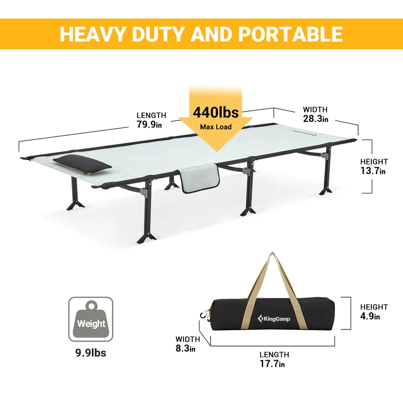 KingCamp 80" Extra Long Portable Folding Cot | 441lb Capacity Lightweight Camping Bed with 7075 Aluminum Frame