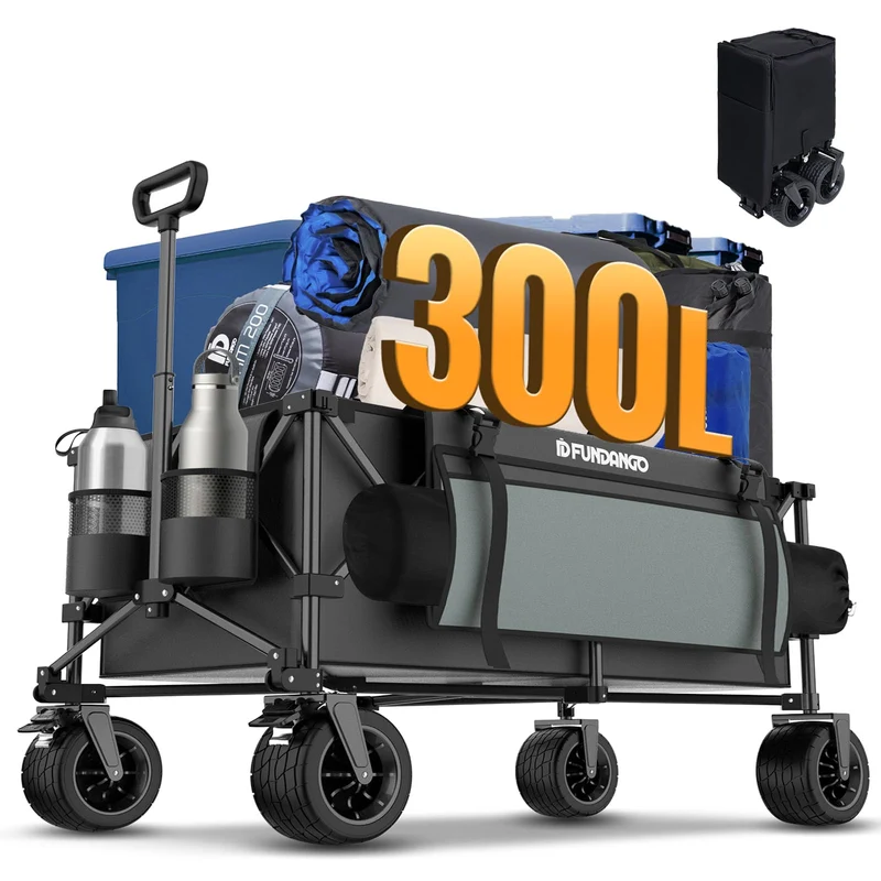 FUNDANGO Heavy Duty 300L Folding Wagon | Dual Chassis Camping Cart with 7" Off-Road Wheels & Brake, 330lb Capacity for Hunting, Overlanding