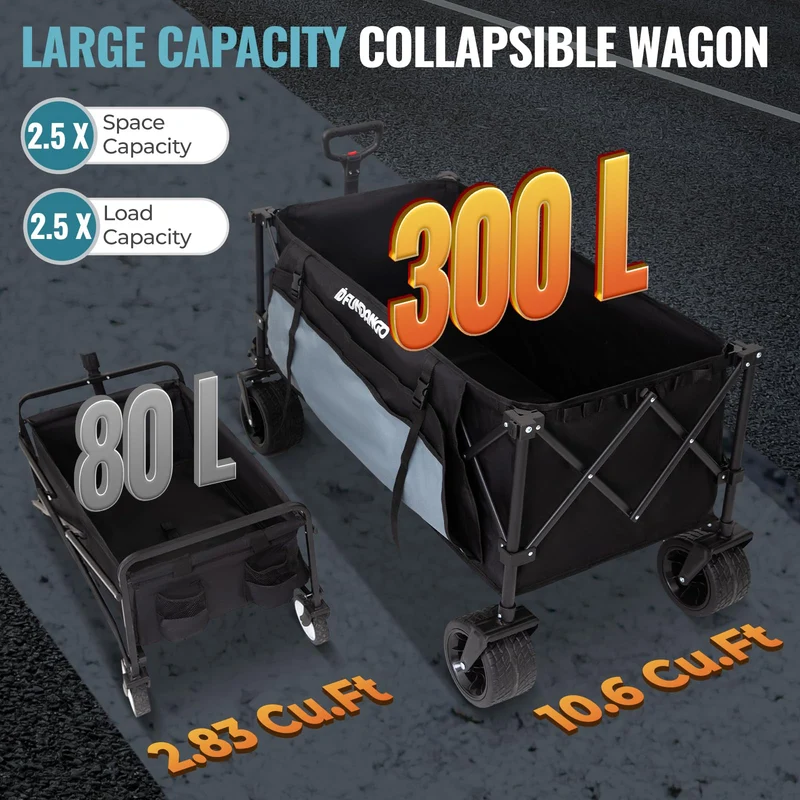 FUNDANGO Heavy Duty 300L Folding Wagon | Dual Chassis Camping Cart with 7" Off-Road Wheels & Brake, 330lb Capacity for Hunting, Overlanding