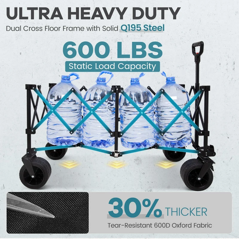 FUNDANGO Heavy Duty 300L Folding Wagon | Dual Chassis Camping Cart with 7" Off-Road Wheels & Brake, 330lb Capacity for Hunting, Overlanding