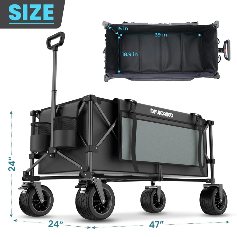 FUNDANGO Heavy Duty 300L Folding Wagon | Dual Chassis Camping Cart with 7" Off-Road Wheels & Brake, 330lb Capacity for Hunting, Overlanding