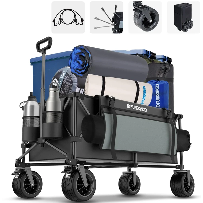 FUNDANGO Heavy Duty 300L Folding Wagon | Dual Chassis Camping Cart with 7" Off-Road Wheels & Brake, 330lb Capacity for Hunting, Overlanding