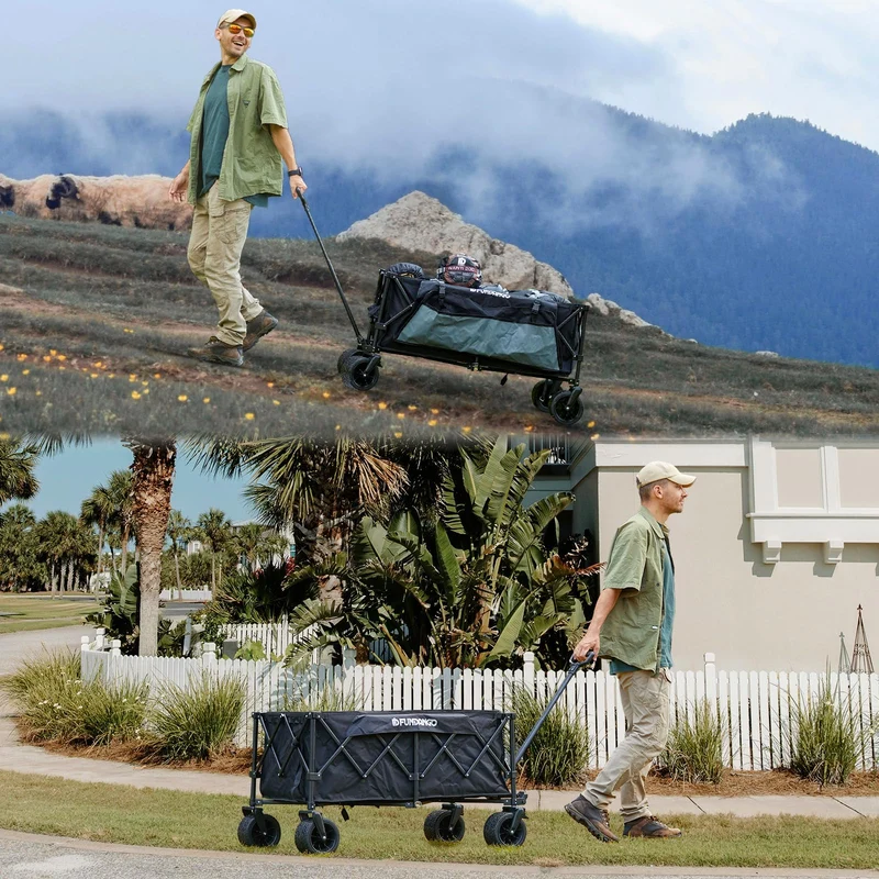 FUNDANGO Heavy Duty 300L Folding Wagon | Dual Chassis Camping Cart with 7" Off-Road Wheels & Brake, 330lb Capacity for Hunting, Overlanding