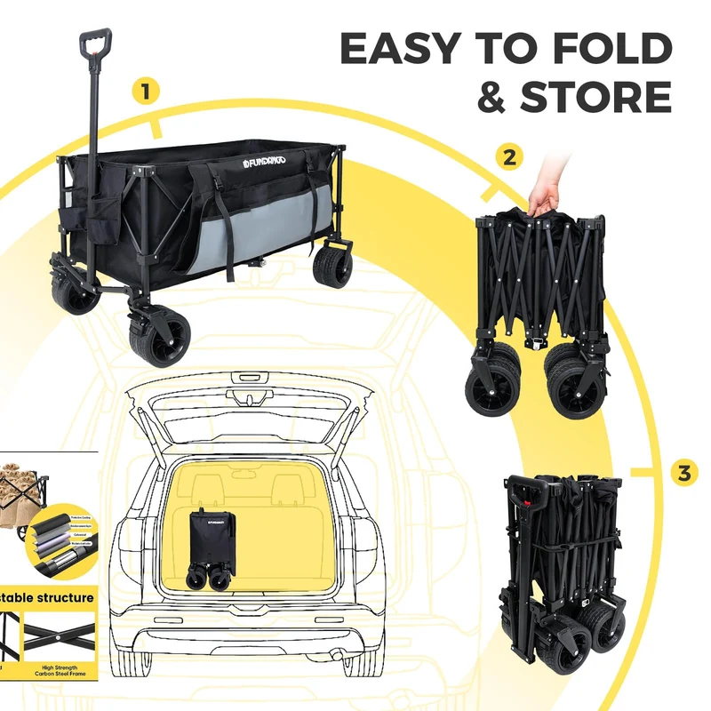 FUNDANGO Heavy Duty 300L Folding Wagon | Dual Chassis Camping Cart with 7" Off-Road Wheels & Brake, 330lb Capacity for Hunting, Overlanding