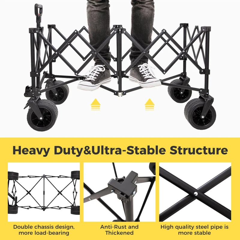 FUNDANGO Heavy Duty 300L Folding Wagon | Dual Chassis Camping Cart with 7" Off-Road Wheels & Brake, 330lb Capacity for Hunting, Overlanding