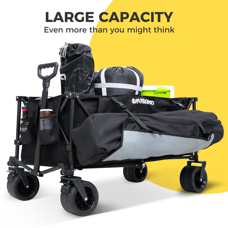 FUNDANGO Heavy Duty 300L Folding Wagon | Dual Chassis Camping Cart with 7" Off-Road Wheels & Brake, 330lb Capacity for Hunting, Overlanding