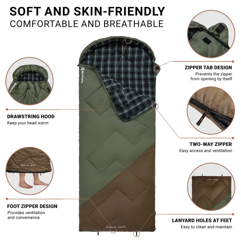 KingCamp GALE 300 Wide Sleeping Bag for Adults – Envelope Style with Hood