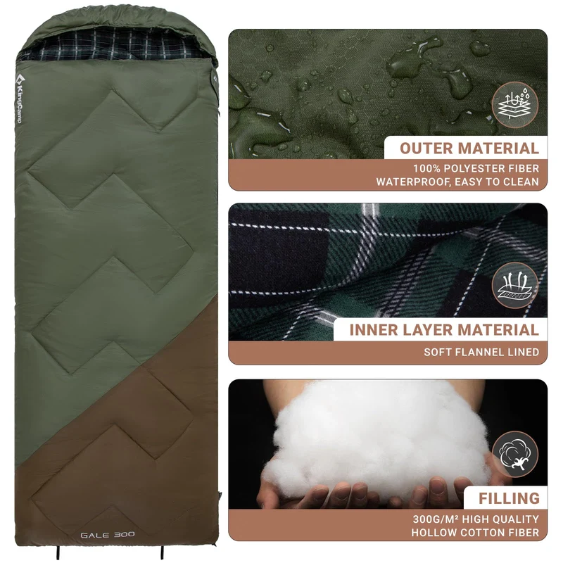 KingCamp GALE 300 Wide Sleeping Bag for Adults – Envelope Style with Hood