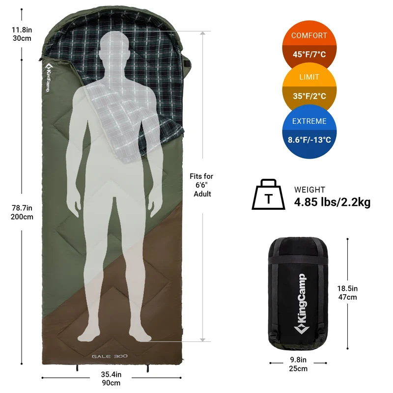 KingCamp GALE 300 Wide Sleeping Bag for Adults – Envelope Style with Hood