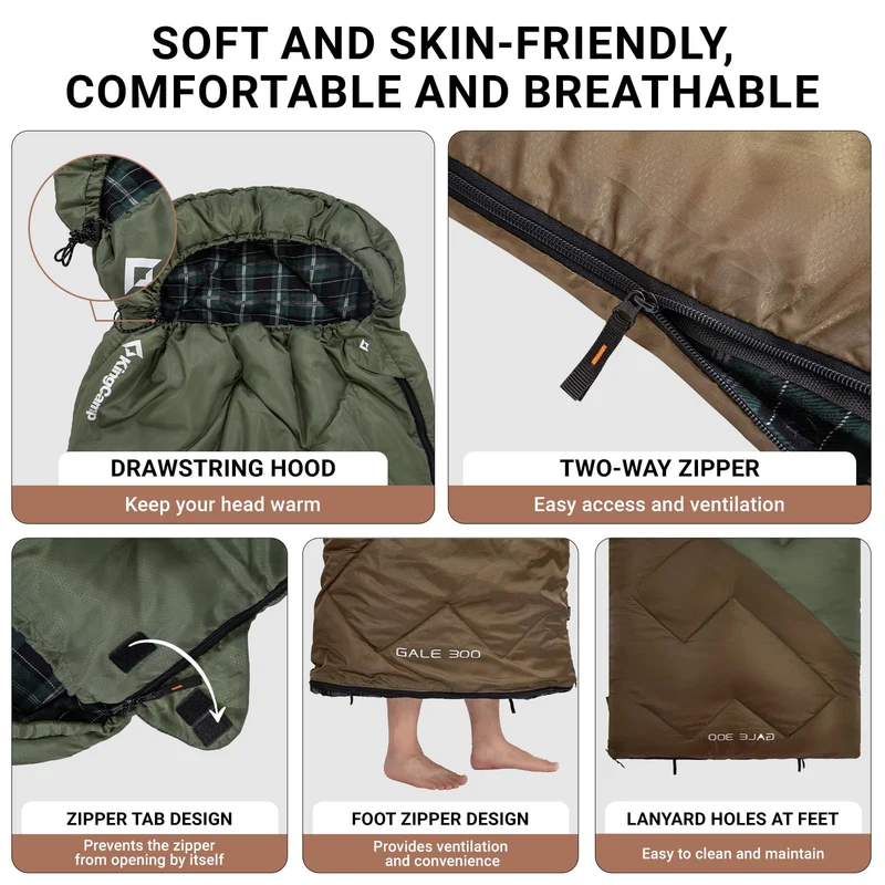 KingCamp GALE 300 Wide Sleeping Bag for Adults – Envelope Style with Hood