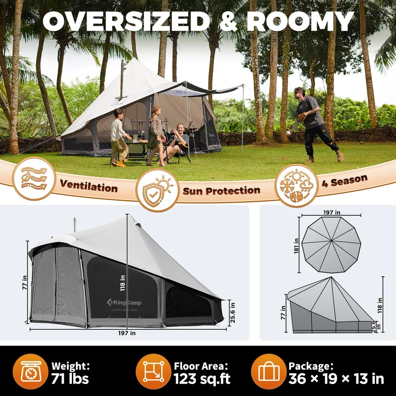 KingCamp KHAN LIGHT 500 Hot Tent, 8–10 Person TC Canvas Glamping Tent with 180° Panoramic Vestibule, Stove Jack & Waterproof Floor