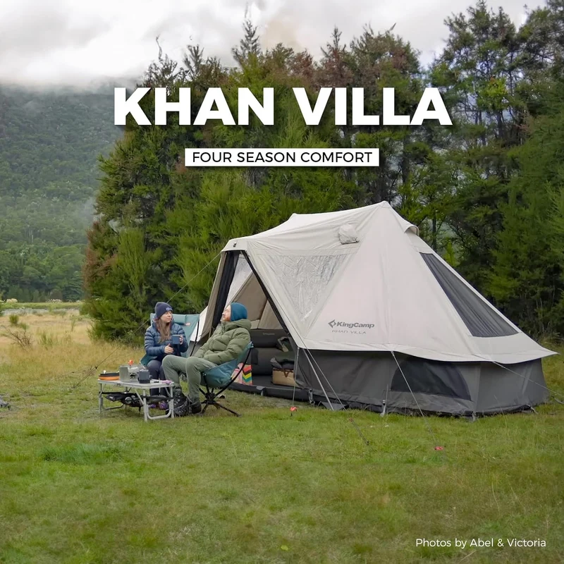 KingCamp KHAN VILLA 15FT TC Canvas Glamping Tent, 4-6 Person 4-Season Cabin Tent with Stove Jack, 2 Bedrooms + Living Room