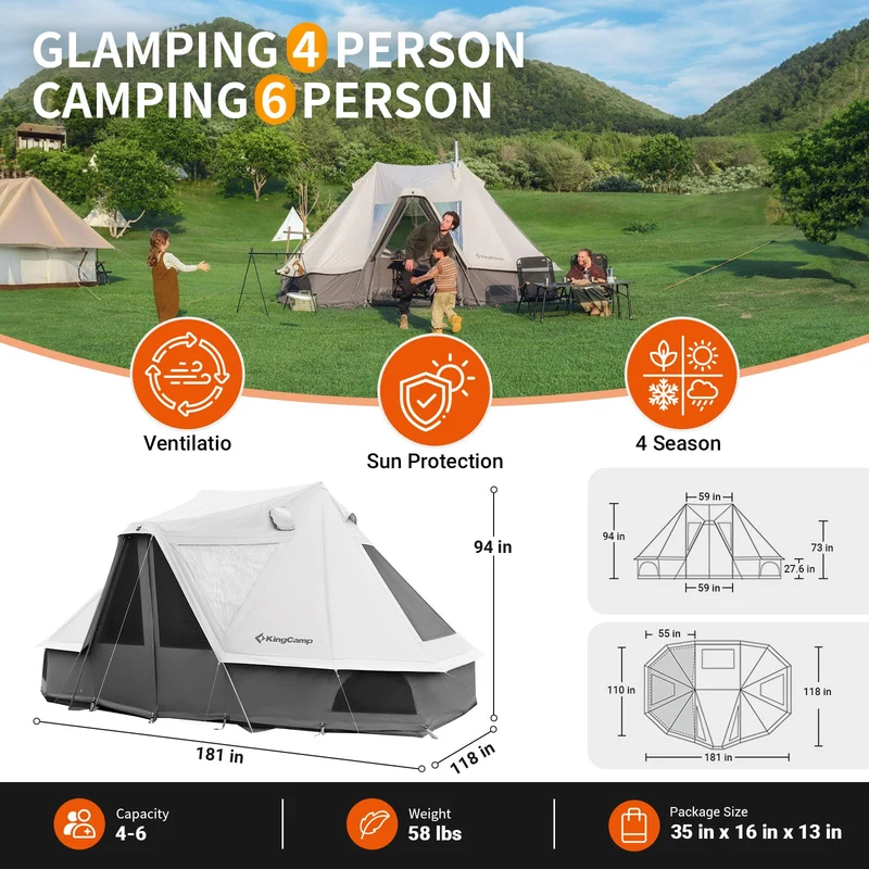 KingCamp KHAN VILLA 15FT TC Canvas Glamping Tent, 4-6 Person 4-Season Cabin Tent with Stove Jack, 2 Bedrooms + Living Room
