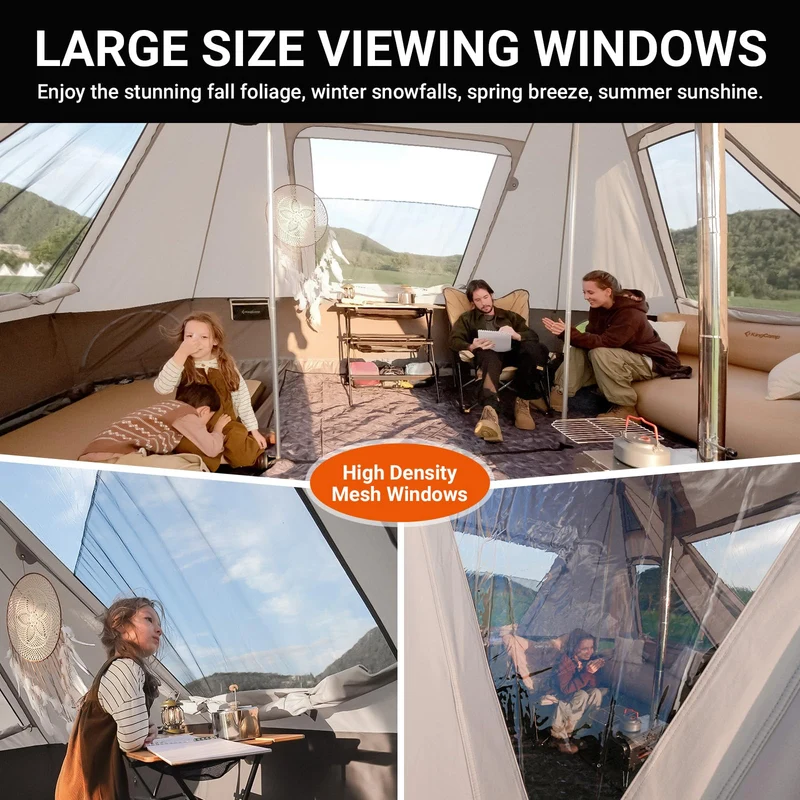 KingCamp KHAN VILLA 15FT TC Canvas Glamping Tent, 4-6 Person 4-Season Cabin Tent with Stove Jack, 2 Bedrooms + Living Room