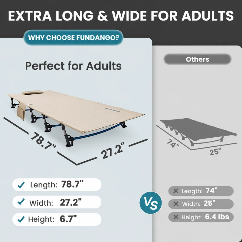 FUNDANGO Ultralight Folding Camping Cot | Extra Long & Wide 78.7" x 27.2" for Adults, 7075 Aluminum Frame Supports 275lbs, Compact Portable Cot