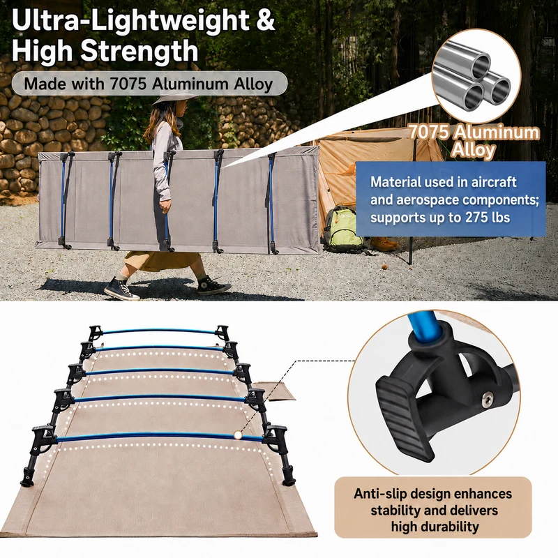 FUNDANGO Ultralight Folding Camping Cot | Extra Long & Wide 78.7" x 27.2" for Adults, 7075 Aluminum Frame Supports 275lbs, Compact Portable Cot