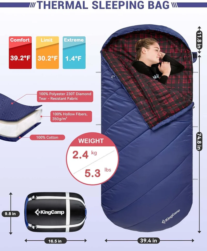 KingCamp FREESPACE 350 Flannel Sleeping Bag-Envelope With Hood