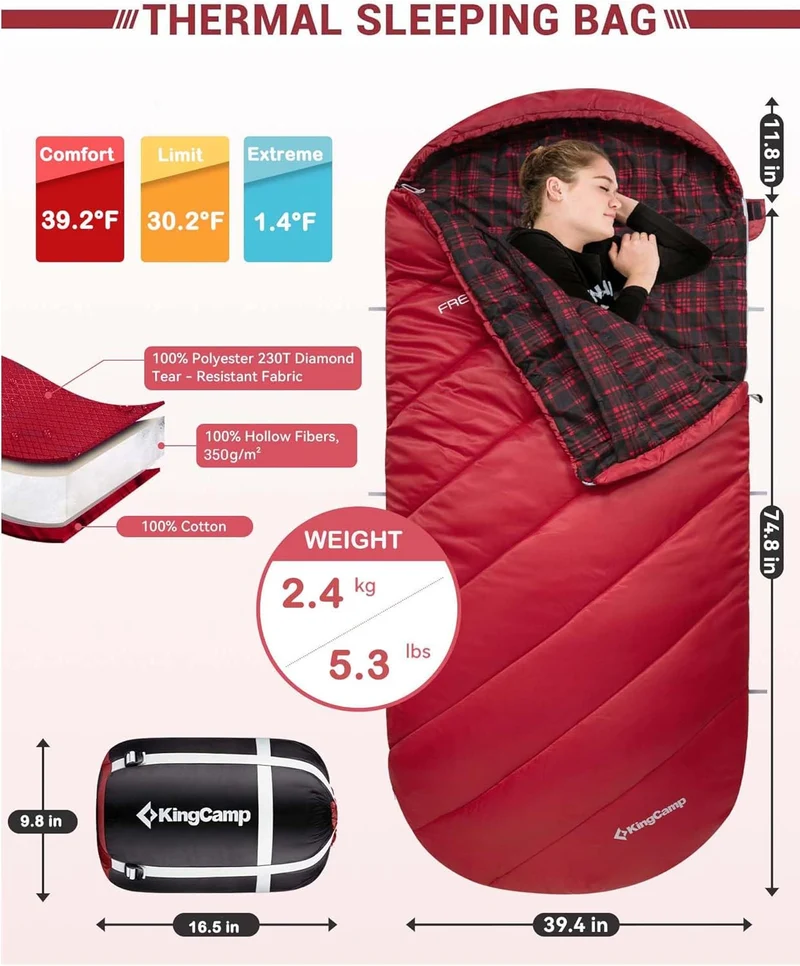 KingCamp FREESPACE 350 Flannel Sleeping Bag-Envelope With Hood