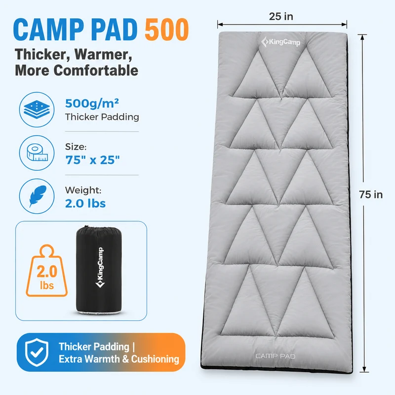 KingCamp CAMP PAD 500 Camping Cot Pad, Thick Quilted Sleeping Mat with Elastic Straps, Machine Washable, 75" x 25"