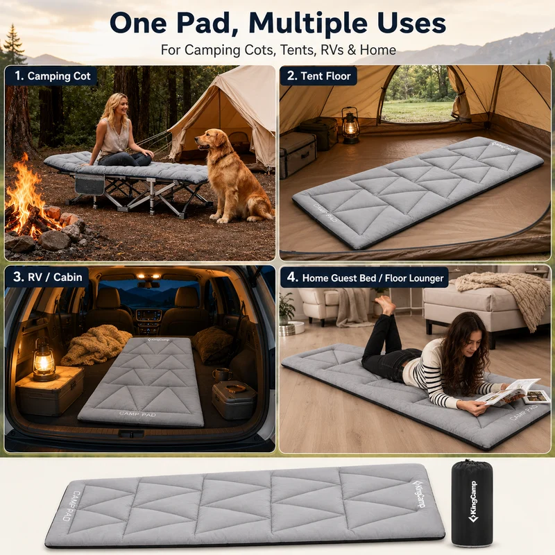 KingCamp CAMP PAD 500 Camping Cot Pad, Thick Quilted Sleeping Mat with Elastic Straps, Machine Washable, 75" x 25"