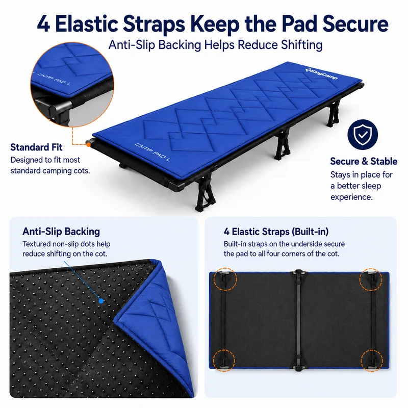 KingCamp CAMP PAD 350 PRO Camping Cot Pad, Oversized Quilted Sleeping Mat with Elastic Straps, Machine Washable, 80" x 30"