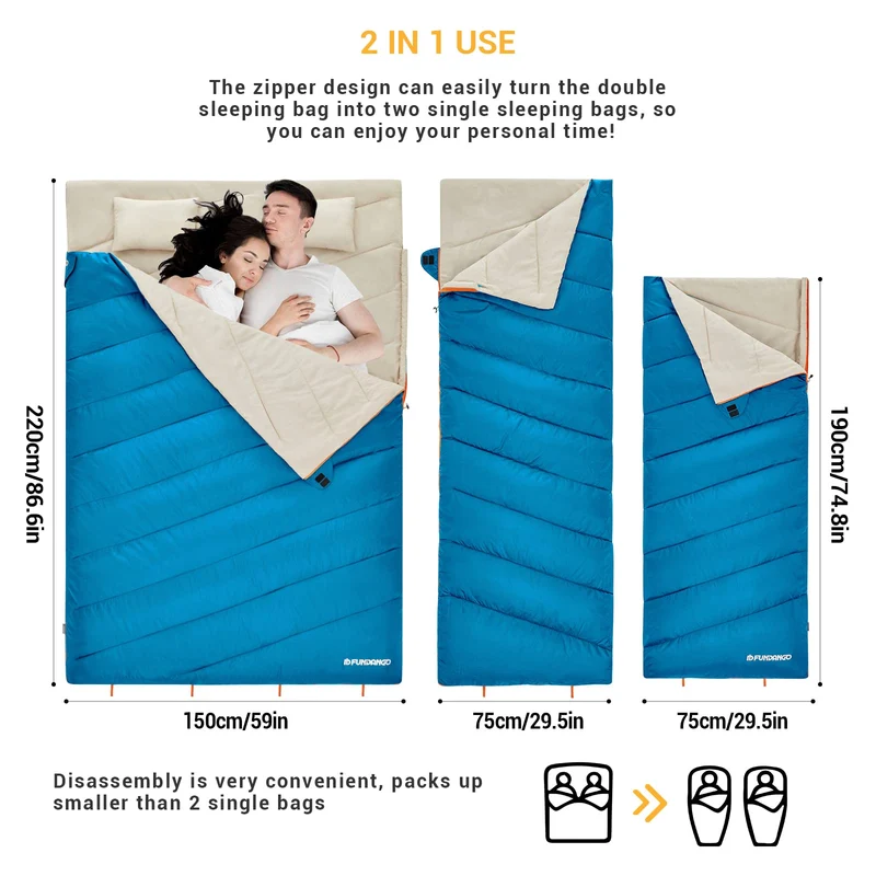 FUNDANGO 3-in-1 XL Queen Double Sleeping Bag with 2 Pillows