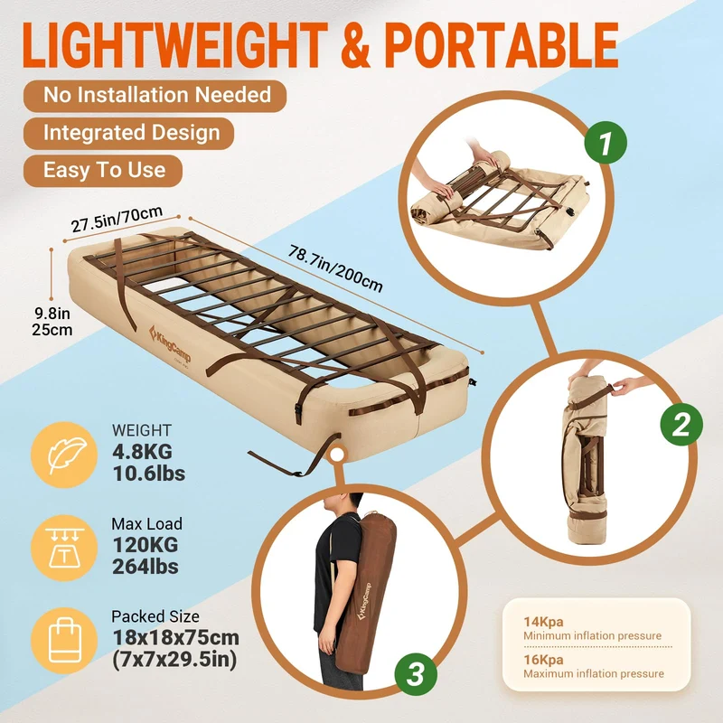 KingCamp OAK P10 Air Mattress Base 9.8" High Camping Cot with TPU Air Chambers & Fiberglass Support, 265lb Capacity