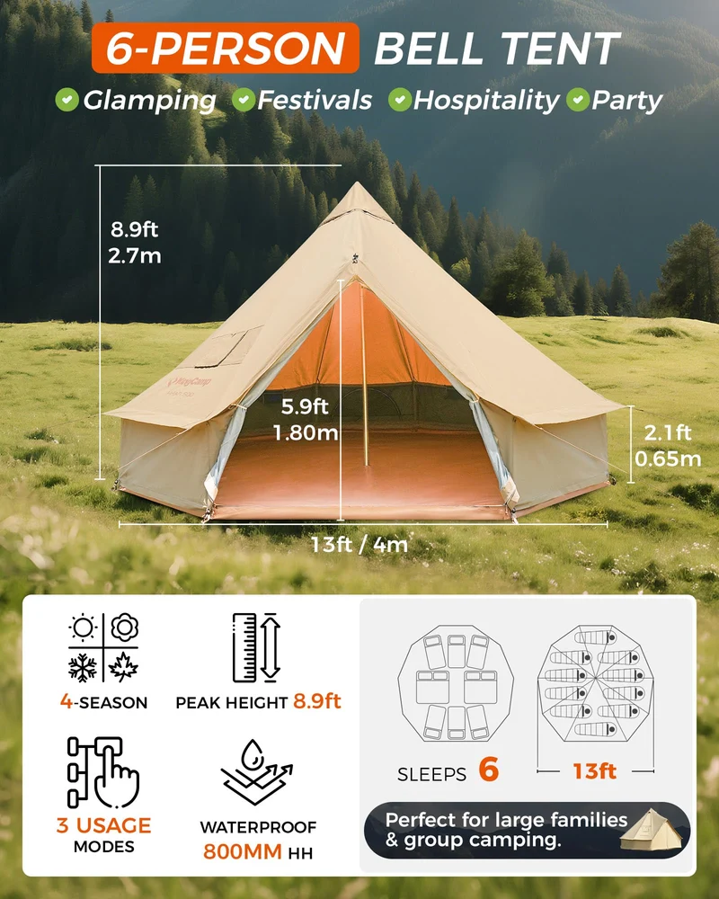 KingCamp KHAN 6-8 Person Camping Hot Tent – 4-Season Glamping Tent with Stove Jack