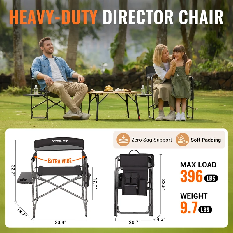 KingCamp ASH B10 Heavy Duty Director's Chair | Oversized 396lb Capacity Camping Chair with Foldable Side Table & Detachable Pocket