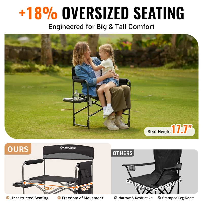 KingCamp ASH B10 Heavy Duty Director's Chair | Oversized 396lb Capacity Camping Chair with Foldable Side Table & Detachable Pocket