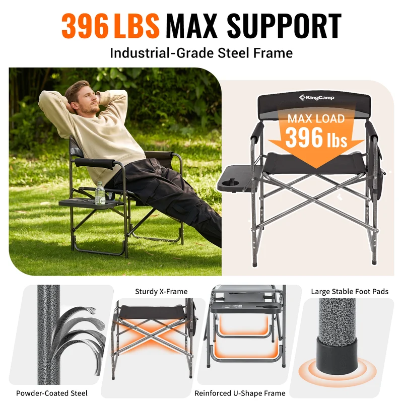 KingCamp ASH B10 Heavy Duty Director's Chair | Oversized 396lb Capacity Camping Chair with Foldable Side Table & Detachable Pocket