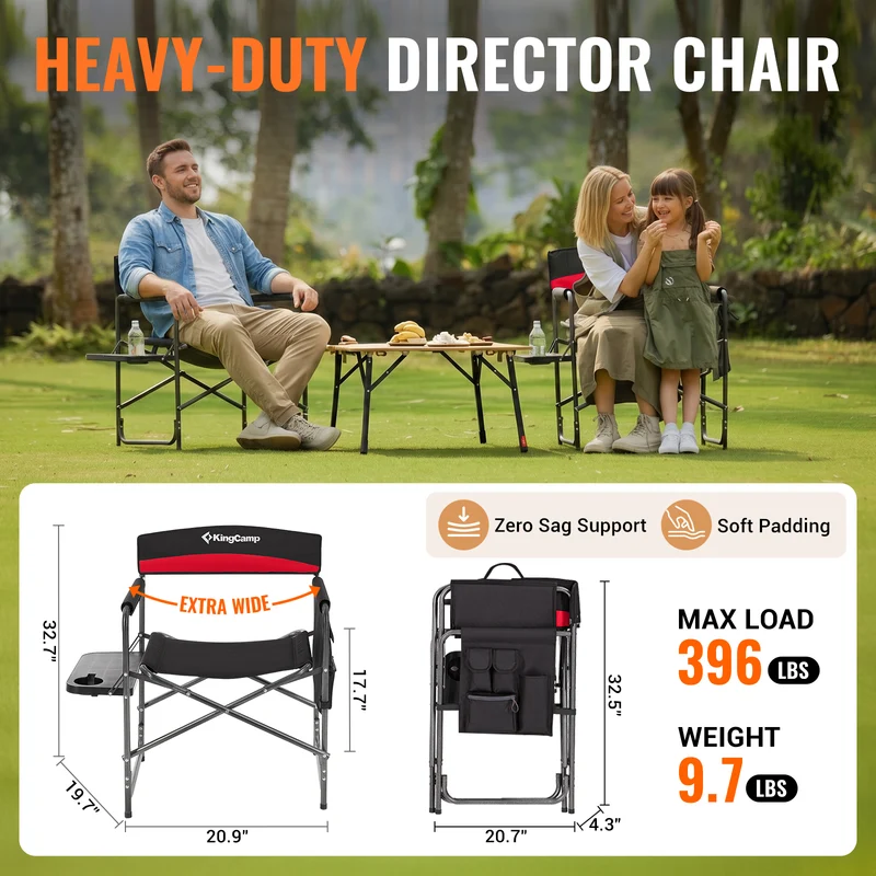 KingCamp ASH B10 Heavy Duty Director's Chair | Oversized 396lb Capacity Camping Chair with Foldable Side Table & Detachable Pocket