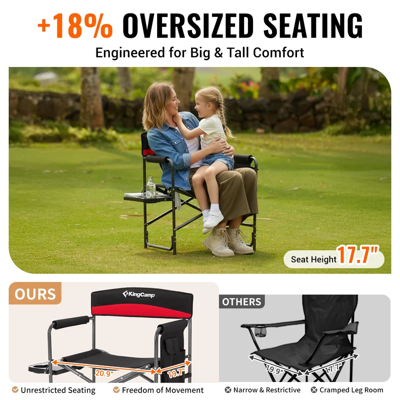 KingCamp ASH B10 Heavy Duty Director's Chair | Oversized 396lb Capacity Camping Chair with Foldable Side Table & Detachable Pocket